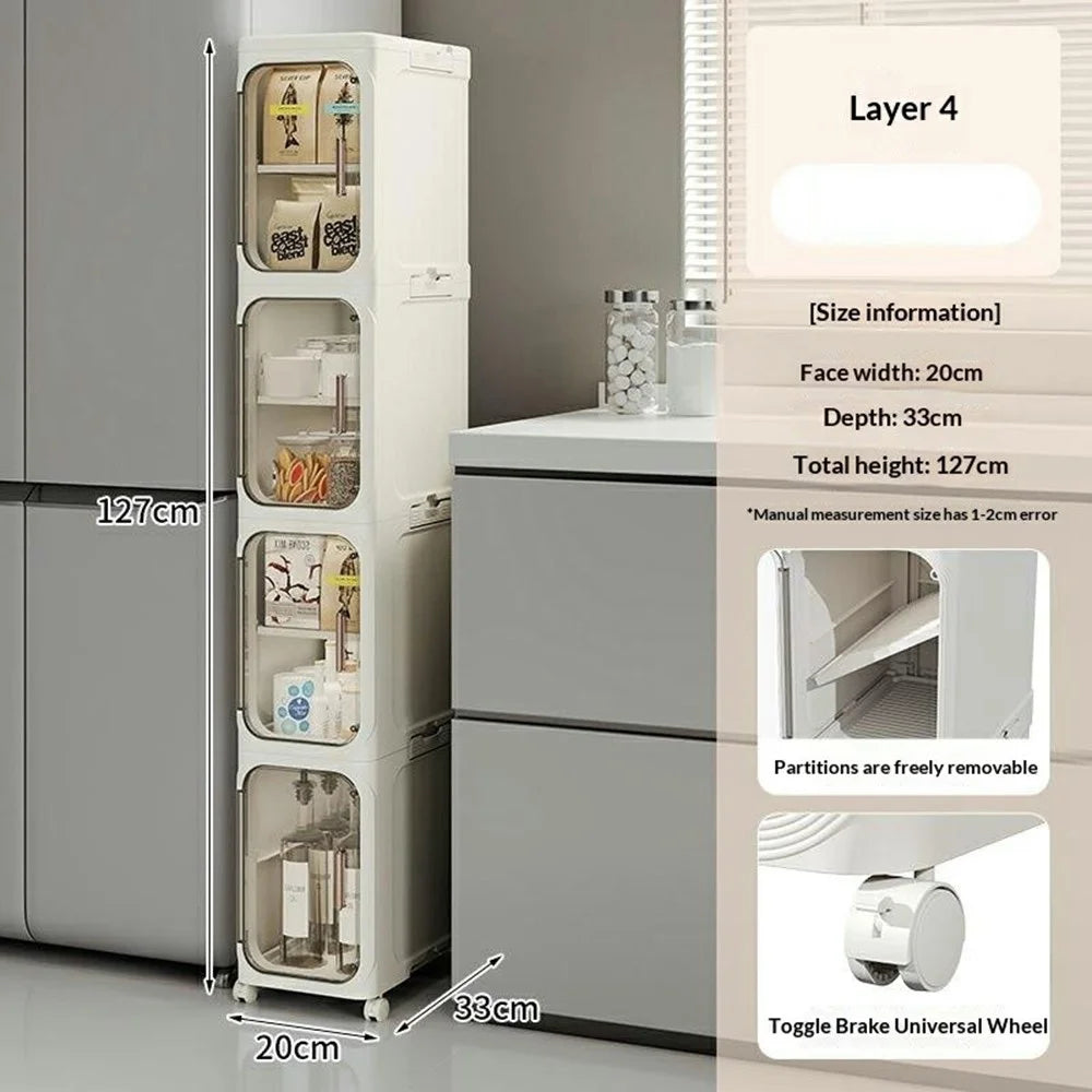 4 Tier Storage Cabinet Cart Waterproof Dustproof Organizer with Clear Door Removable Shelf for Bathroom Kitchen - Beige - 6