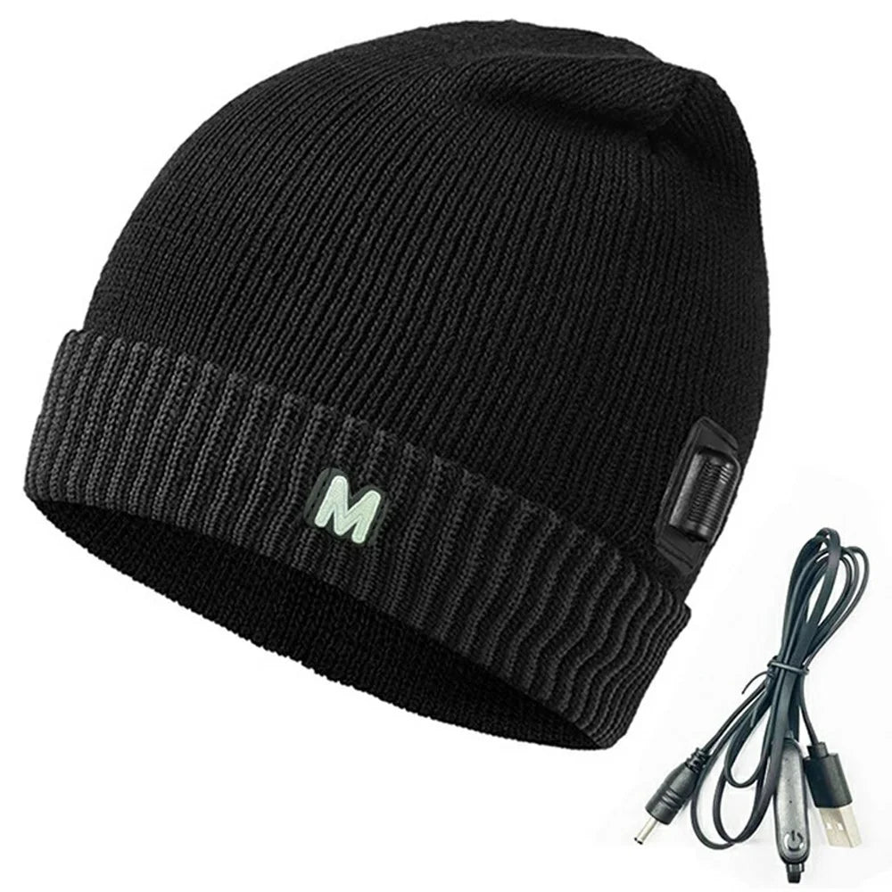 M08 USB Heated Beanie Smart Electric Warming Hat 3 Gear Temperature Winter Thermal Cap for Men Women - Black - 1