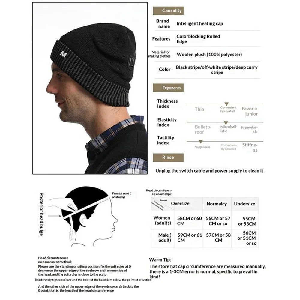 M08 USB Heated Beanie Smart Electric Warming Hat 3 Gear Temperature Winter Thermal Cap for Men Women - Black - 7