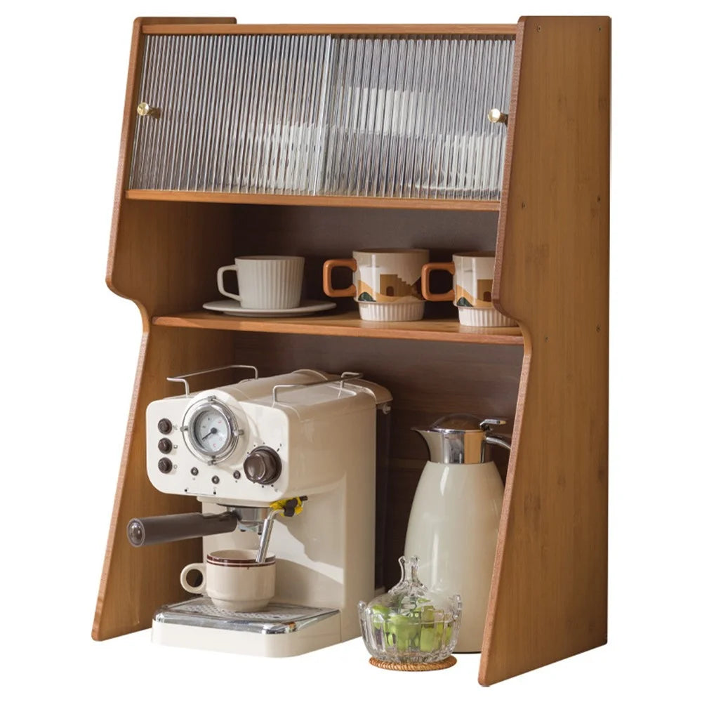 52x29.5x73cm 3-Tier Bamboo Coffee Cups Storage Cabinet Organizer with Sliding Fluted Glass Door Desktop Counter Rack - Tea Color - 1