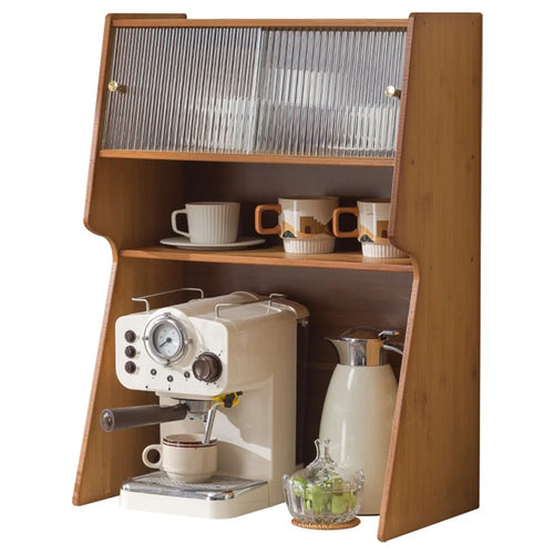 52x29.5x73cm 3-Tier Bamboo Coffee Cups Storage Cabinet Organizer with Sliding Fluted Glass Door Desktop Counter Rack - Tea Color - 1