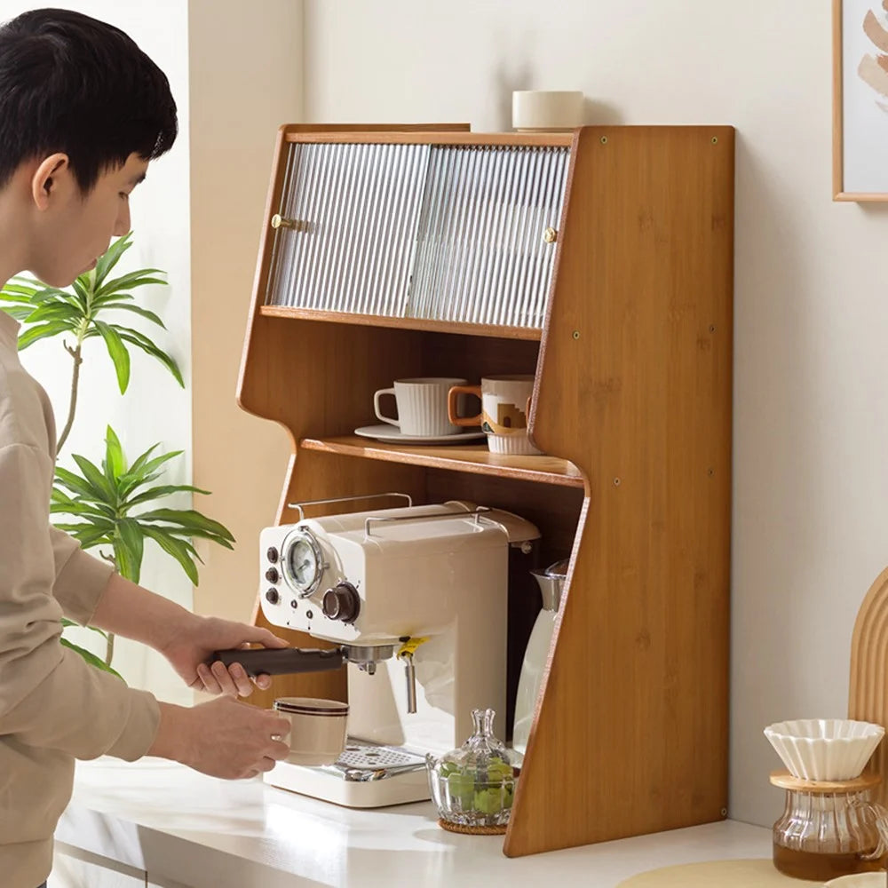 52x29.5x73cm 3-Tier Bamboo Coffee Cups Storage Cabinet Organizer with Sliding Fluted Glass Door Desktop Counter Rack - Tea Color - 2