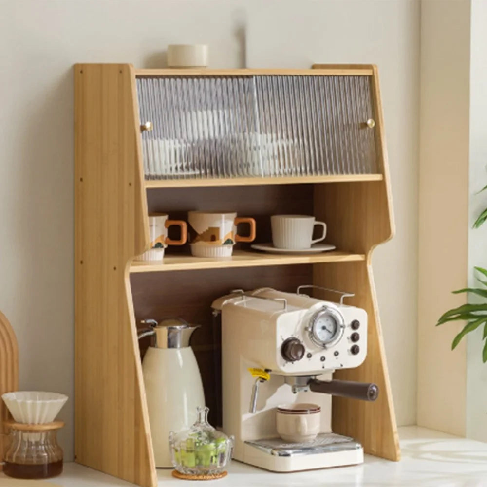 52x29.5x73cm 3-Tier Bamboo Coffee Cups Storage Cabinet Organizer with Sliding Fluted Glass Door Desktop Counter Rack - Tea Color - 3