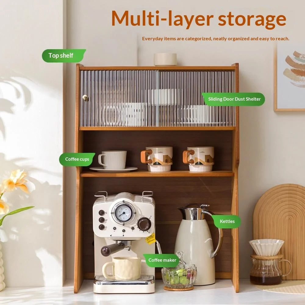 52x29.5x73cm 3-Tier Bamboo Coffee Cups Storage Cabinet Organizer with Sliding Fluted Glass Door Desktop Counter Rack - Tea Color - 6