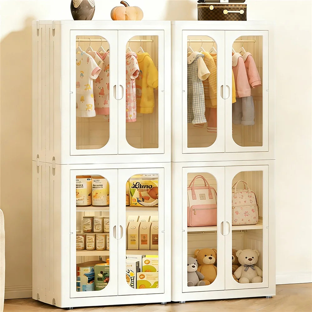 1-Tier Foldable Storage Cabinet No Assembly Transparent Doors Snacks Kids Toys Clothes Organizer Closet - 4