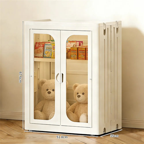 2-Tier Foldable Storage Cabinet No Assembly Transparent Doors Snacks Kids Toys Clothes Organizer Closet - 1