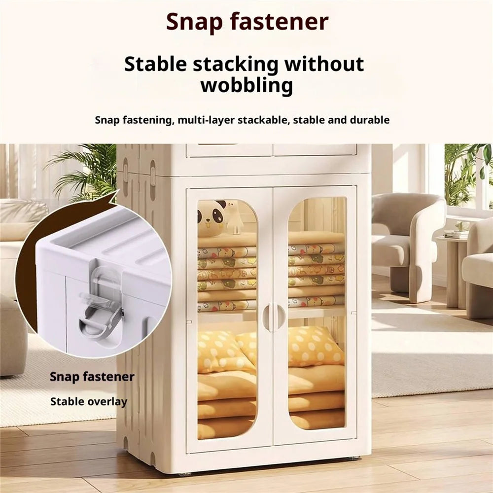2-Tier Foldable Storage Cabinet No Assembly Transparent Doors Snacks Kids Toys Clothes Organizer Closet - 3
