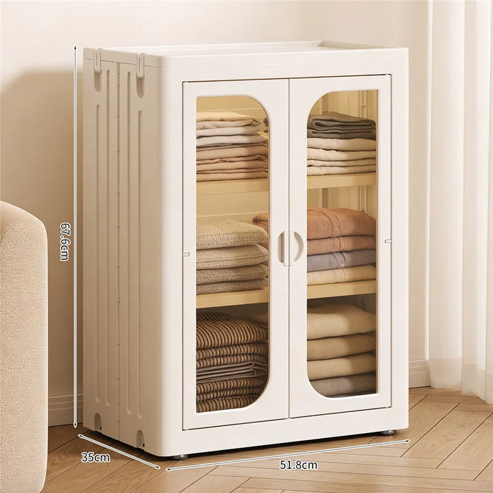 3-Tier Foldable Storage Cabinet No Assembly Transparent Doors Snacks Kids Toys Clothes Organizer Closet - 1