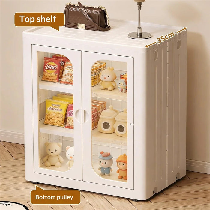 3-Tier Foldable Storage Cabinet No Assembly Transparent Doors Snacks Kids Toys Clothes Organizer Closet - 4