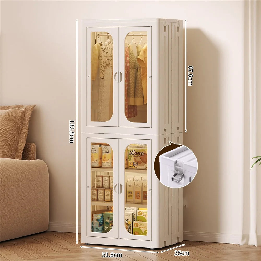 4-Tier No Assembly Folding Storage Cabinet Transparent Doors Plastic Snacks Toys Clothes Organizer for Bedroom Living Room - 1