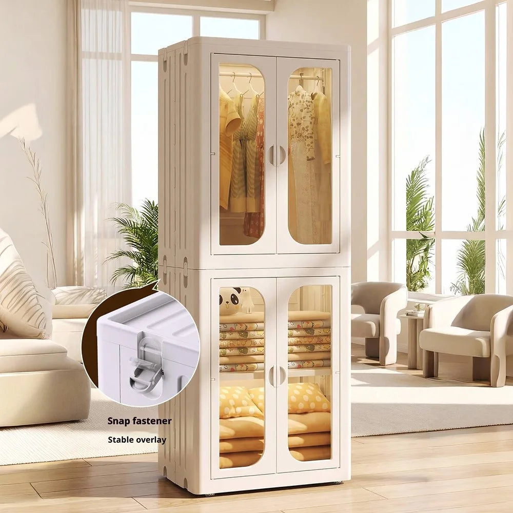 4-Tier No Assembly Folding Storage Cabinet Transparent Doors Plastic Snacks Toys Clothes Organizer for Bedroom Living Room - 2