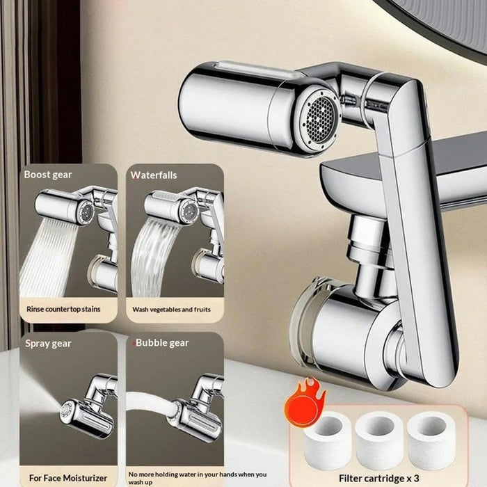 1440-Degree Rotation 4 Speed Filter Tap Aerator with 3Pcs Filters Robotic Arm Rotating Faucet Extender for Kitchen Bathroom - Silver - 2