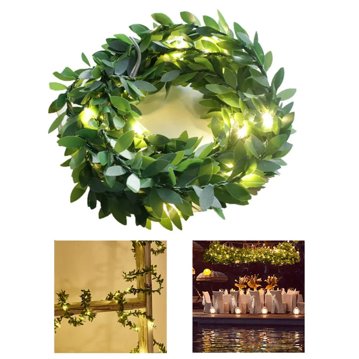 10m 100 LED Wedding Christmas Party Decorative Simulation Green Leaf Rattan Vine Battery Operated Light String - 1