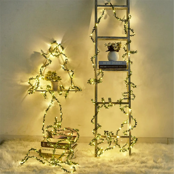 10m 100 LED Wedding Christmas Party Decorative Simulation Green Leaf Rattan Vine Battery Operated Light String - 2