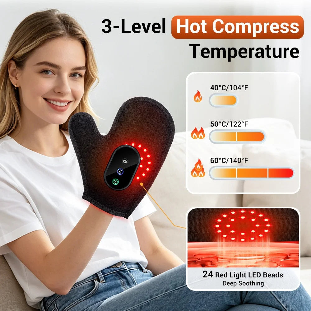 1Pc Hand Massager Glove 24 LED Beads Red Light Therapy 3 Heat Levels Mitten with Controller - 2