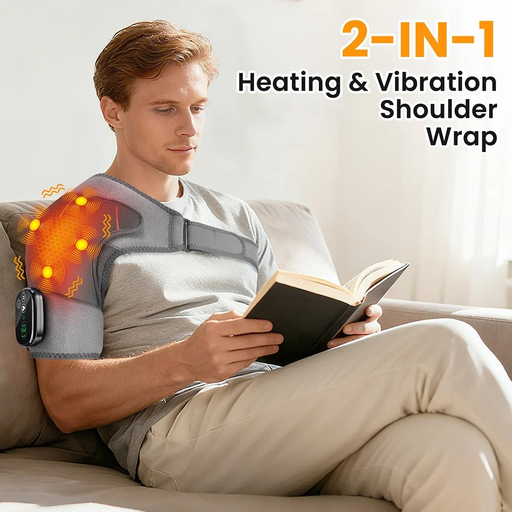 Shoulder Massager 4 Motors 5 Speed Vibration Wireless Rechargeable Heat Therapy Pad - Grey - 2