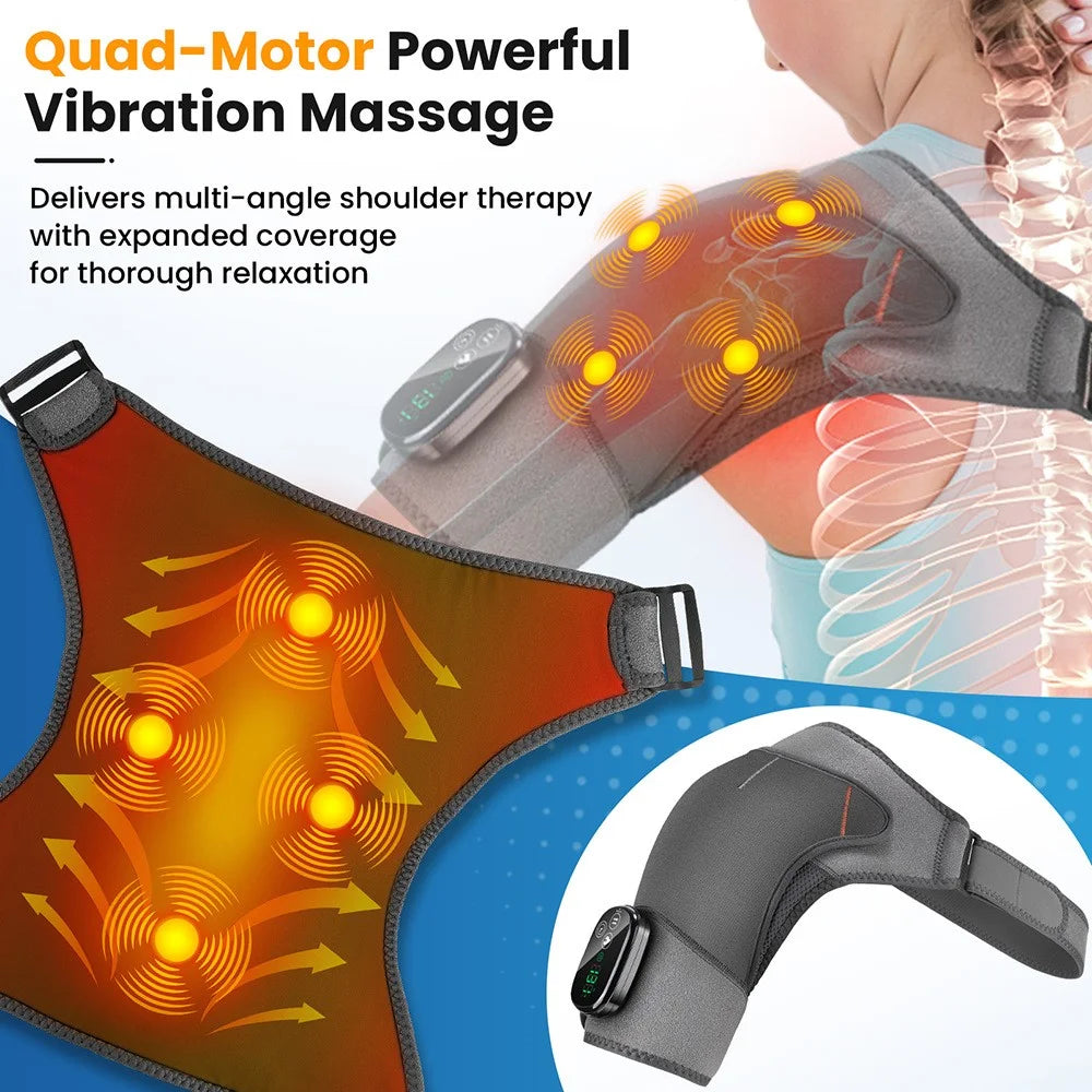 Shoulder Massager 4 Motors 5 Speed Vibration Wireless Rechargeable Heat Therapy Pad - Grey - 3