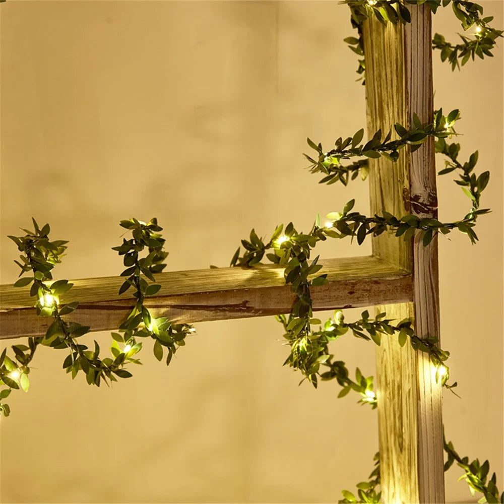 2m 20 LED Simulation Green Leaf Rattan Vine Copper Wire Light String Battery Operated Christmas Fairy Party DIY Decoration - 4
