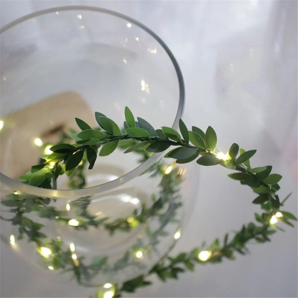 2m 20 LED Simulation Green Leaf Rattan Vine Copper Wire Light String Battery Operated Christmas Fairy Party DIY Decoration - 7
