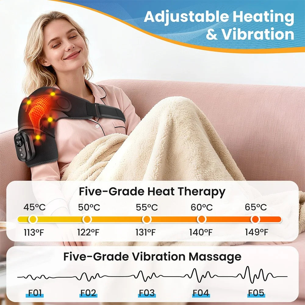 Heating Vibrating Shoulder Wrap with Magnetic Remote Controller 5 Heat Levels for Pain Relief - 4