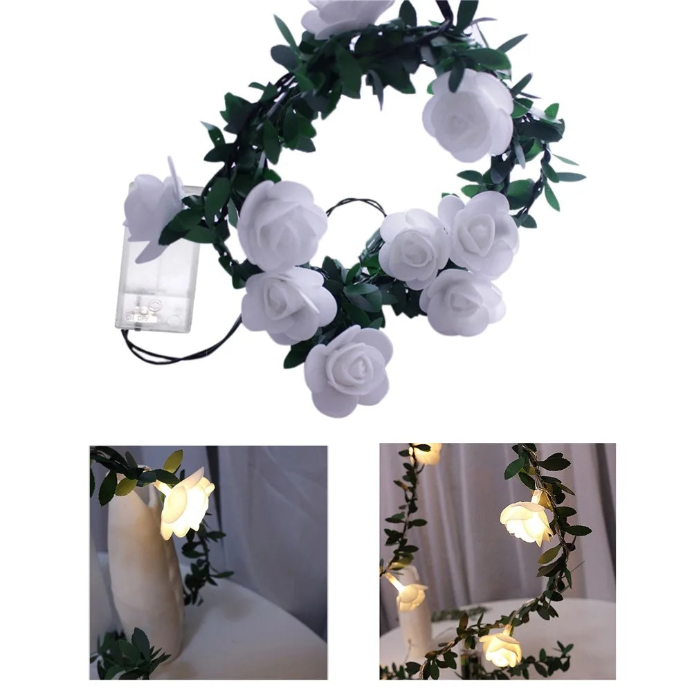 3m 20 LED Christmas Party Artificial Green Leaf Rattan Rose Flower Vine Battery Operated Light String DIY Decor - 1