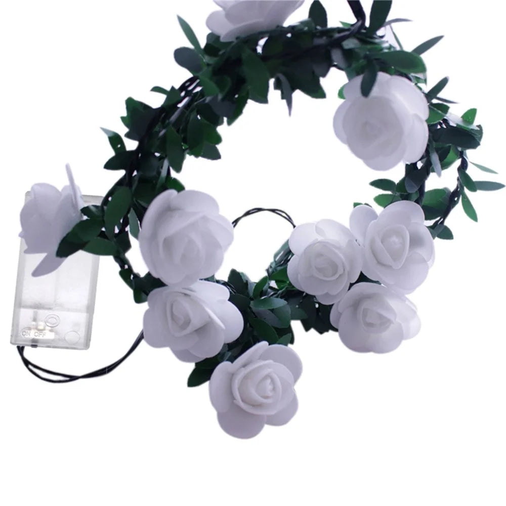 3m 20 LED Christmas Party Artificial Green Leaf Rattan Rose Flower Vine Battery Operated Light String DIY Decor - 2