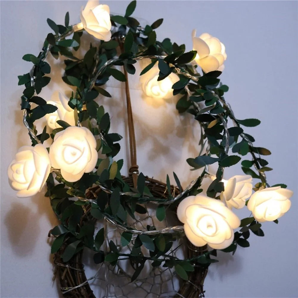3m 20 LED Christmas Party Artificial Green Leaf Rattan Rose Flower Vine Battery Operated Light String DIY Decor - 6