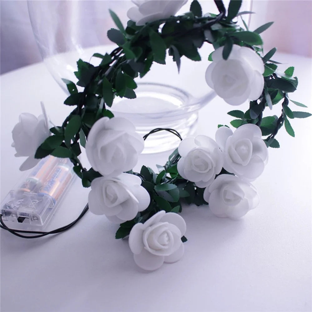 3m 20 LED Christmas Party Artificial Green Leaf Rattan Rose Flower Vine Battery Operated Light String DIY Decor - 7