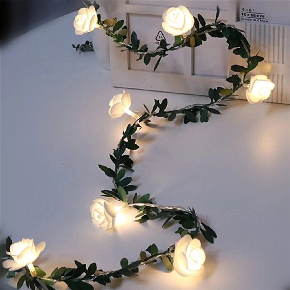 1.5m 10 LED Artificial Green Leaf Rattan Rose Flower Vine Battery Operated Light String DIY Christmas Party Decor - 2