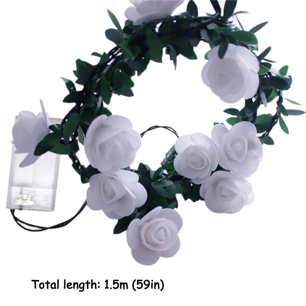 1.5m 10 LED Artificial Green Leaf Rattan Rose Flower Vine Battery Operated Light String DIY Christmas Party Decor - 3