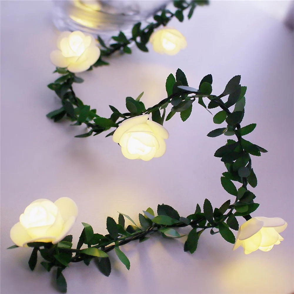 1.5m 10 LED Artificial Green Leaf Rattan Rose Flower Vine Battery Operated Light String DIY Christmas Party Decor - 4