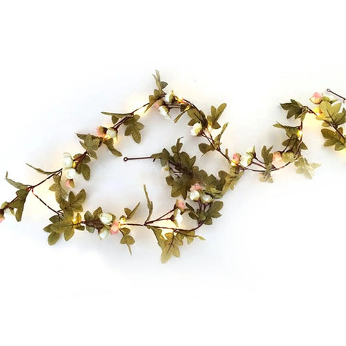 2.2m Artificial Rose Flowers Leaves Vine String Light Battery Powered Hanging Copper Wire Garland for Christmas Wedding, White / Pink - 1