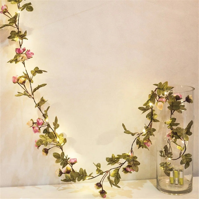 2.2m Artificial Rose Flowers Leaves Vine String Light Battery Powered Hanging Copper Wire Garland for Christmas Wedding, White / Pink - 3