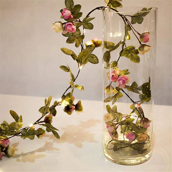2.2m Artificial Rose Flowers Leaves Vine String Light Battery Powered Hanging Copper Wire Garland for Christmas Wedding, White / Pink - 4