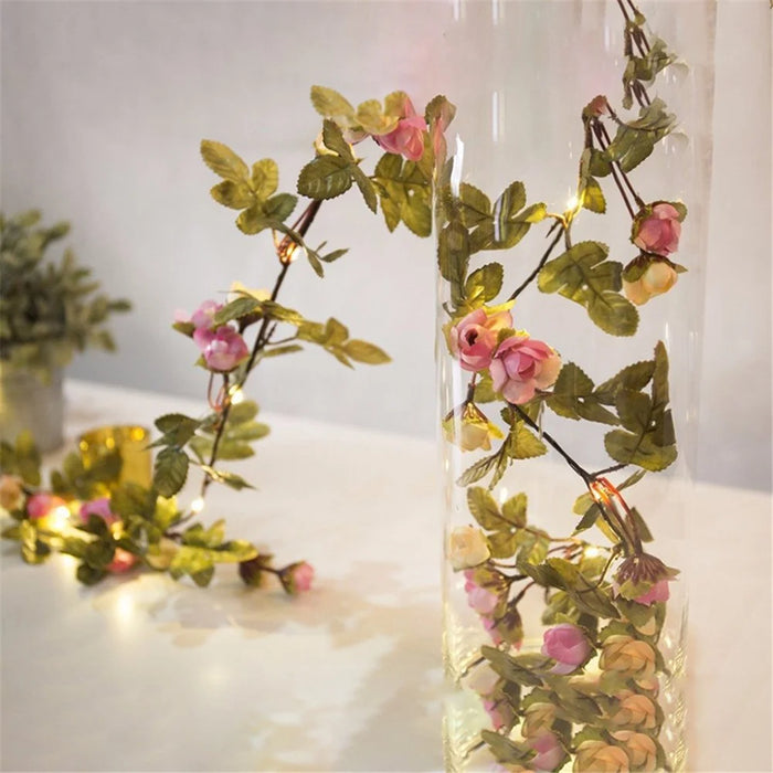 2.2m Artificial Rose Flowers Leaves Vine String Light Battery Powered Hanging Copper Wire Garland for Christmas Wedding, White / Pink - 5