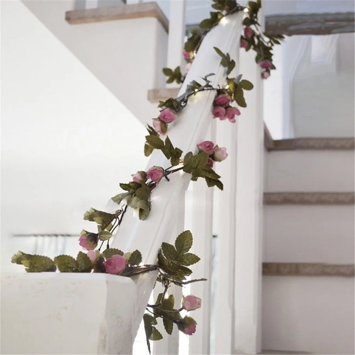 2.2m Artificial Rose Flowers Leaves Vine String Light Battery Powered Hanging Copper Wire Garland for Christmas Wedding, White / Pink - 6
