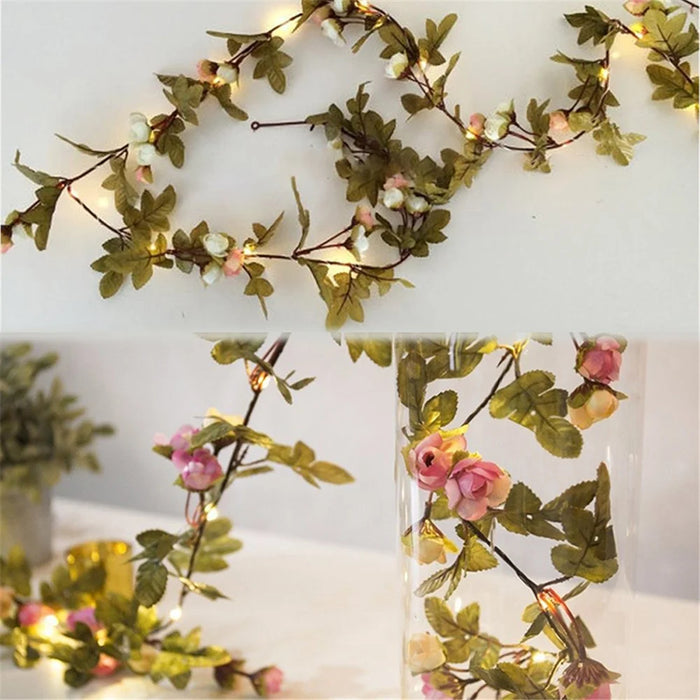 2.2m Artificial Rose Flowers Leaves Vine String Light Battery Powered Hanging Copper Wire Garland for Christmas Wedding, White / Pink - 7
