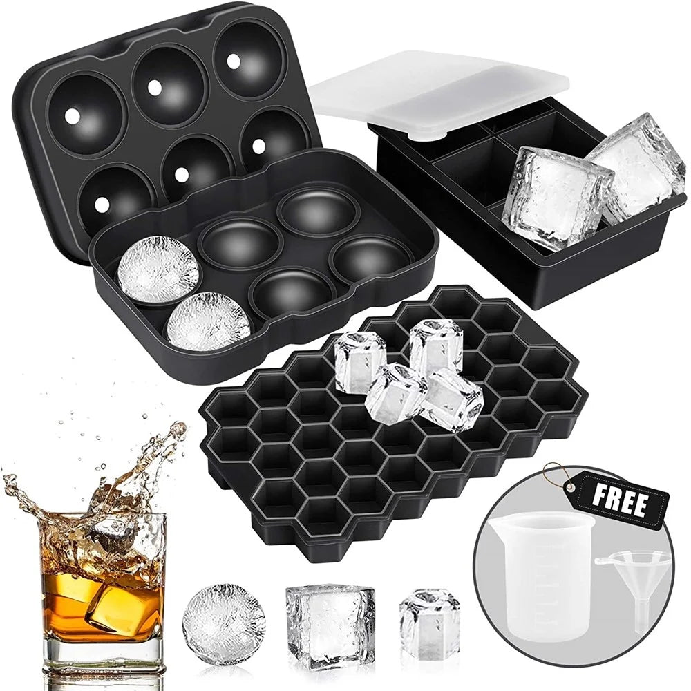 3Pcs/Set BPA Free Reusable Silicone Large Round Sphere + Square + Honeycomb Ice Trays with Lid and Funnel (without FDA Certificate) - 1