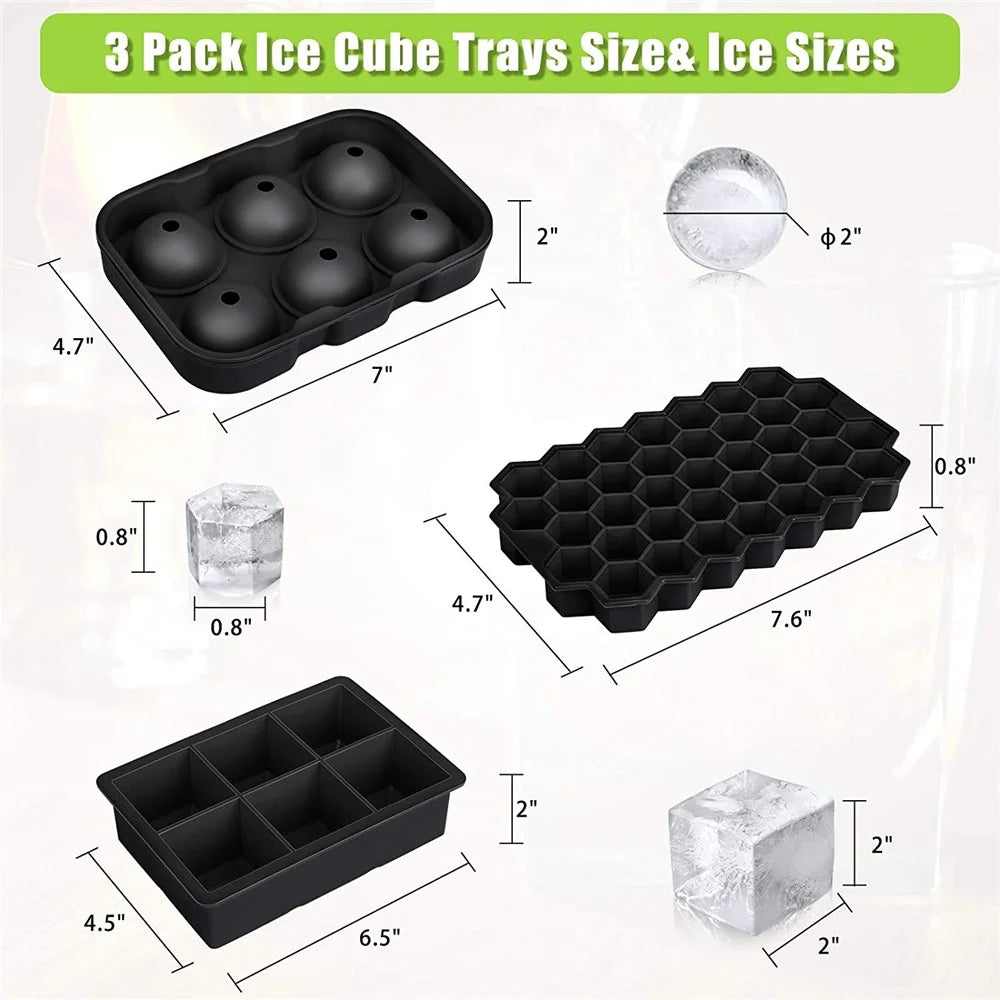 3Pcs/Set BPA Free Reusable Silicone Large Round Sphere + Square + Honeycomb Ice Trays with Lid and Funnel (without FDA Certificate) - 2
