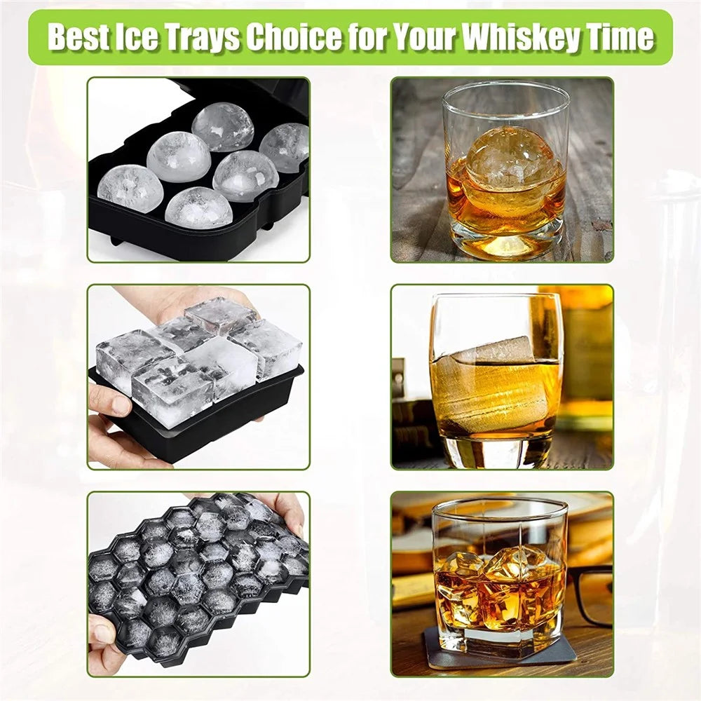 3Pcs/Set BPA Free Reusable Silicone Large Round Sphere + Square + Honeycomb Ice Trays with Lid and Funnel (without FDA Certificate) - 3