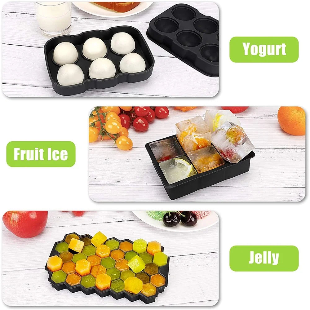 3Pcs/Set BPA Free Reusable Silicone Large Round Sphere + Square + Honeycomb Ice Trays with Lid and Funnel (without FDA Certificate) - 6