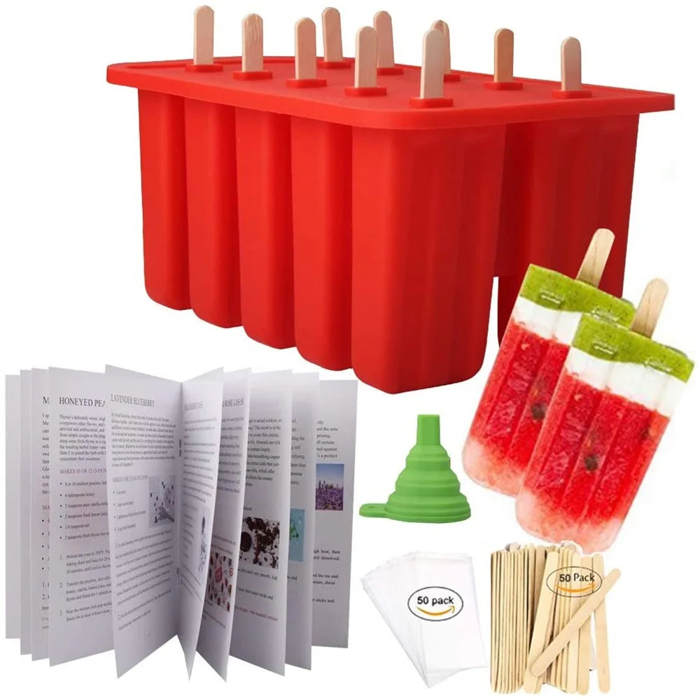 10-Grid Silicone Ice Lolly Mold Tray BPA Free DIY Mould with 50 Wooden Sticks (without FDA Certificate) - Red - 2