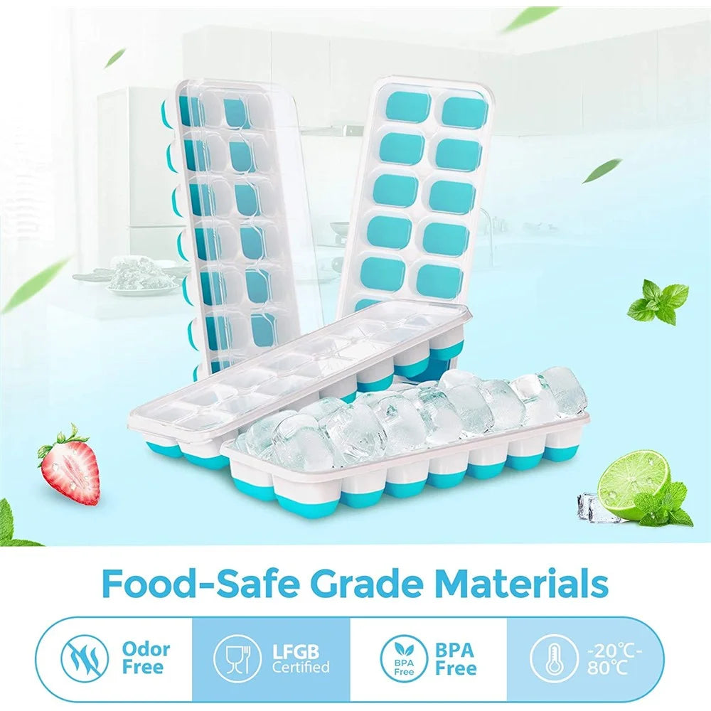 4Pcs 14-Grid Ice Cube Tray Easy-Release Bottom Silicone + Plastic Mold with Spill-Resistant Removable Lid for Cocktail Beer (LFGB Certified and BPA Free) - Blue - 1