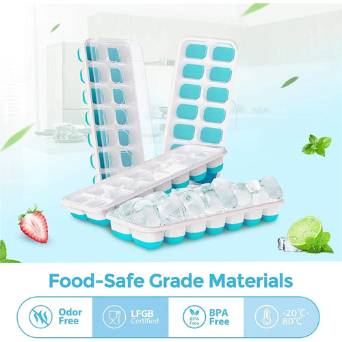 4Pcs 14-Grid Ice Cube Tray Easy-Release Bottom Silicone + Plastic Mold with Spill-Resistant Removable Lid for Cocktail Beer (LFGB Certified and BPA Free) - Blue - 1
