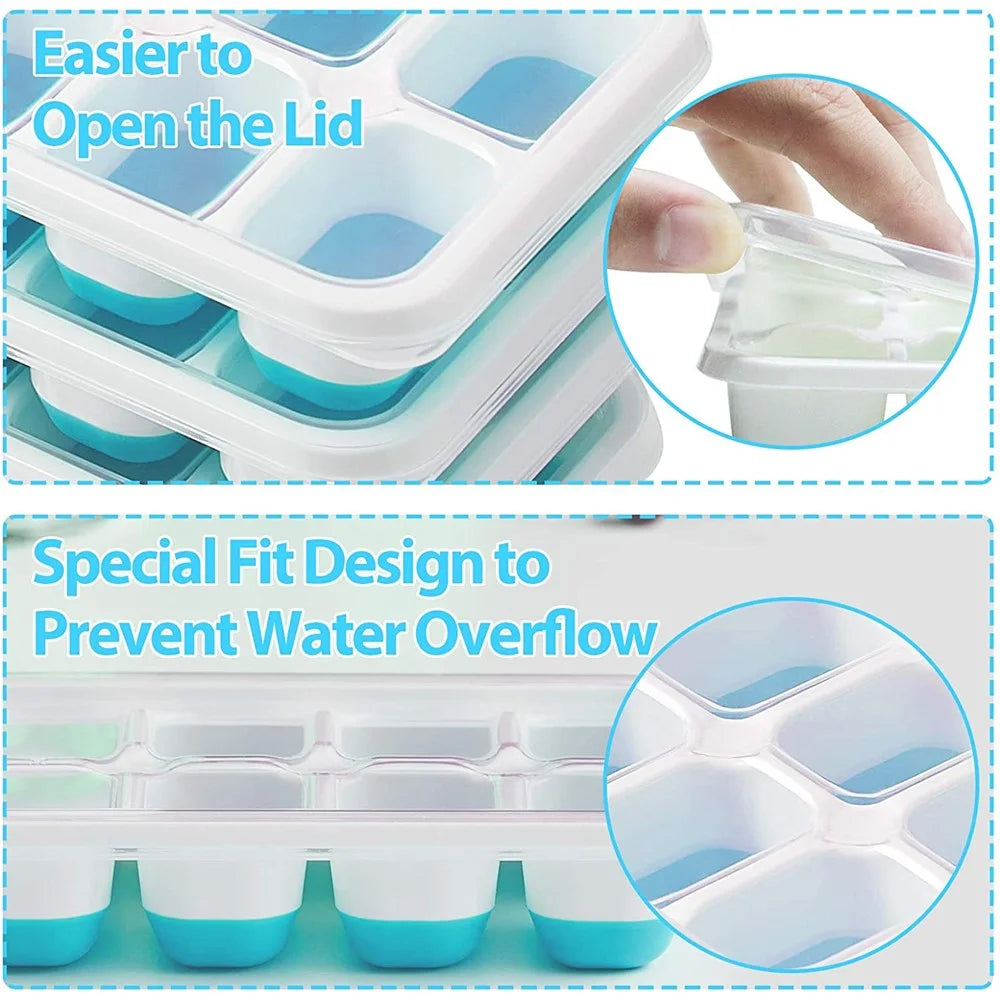 4Pcs 14-Grid Ice Cube Tray Easy-Release Bottom Silicone + Plastic Mold with Spill-Resistant Removable Lid for Cocktail Beer (LFGB Certified and BPA Free) - Blue - 3