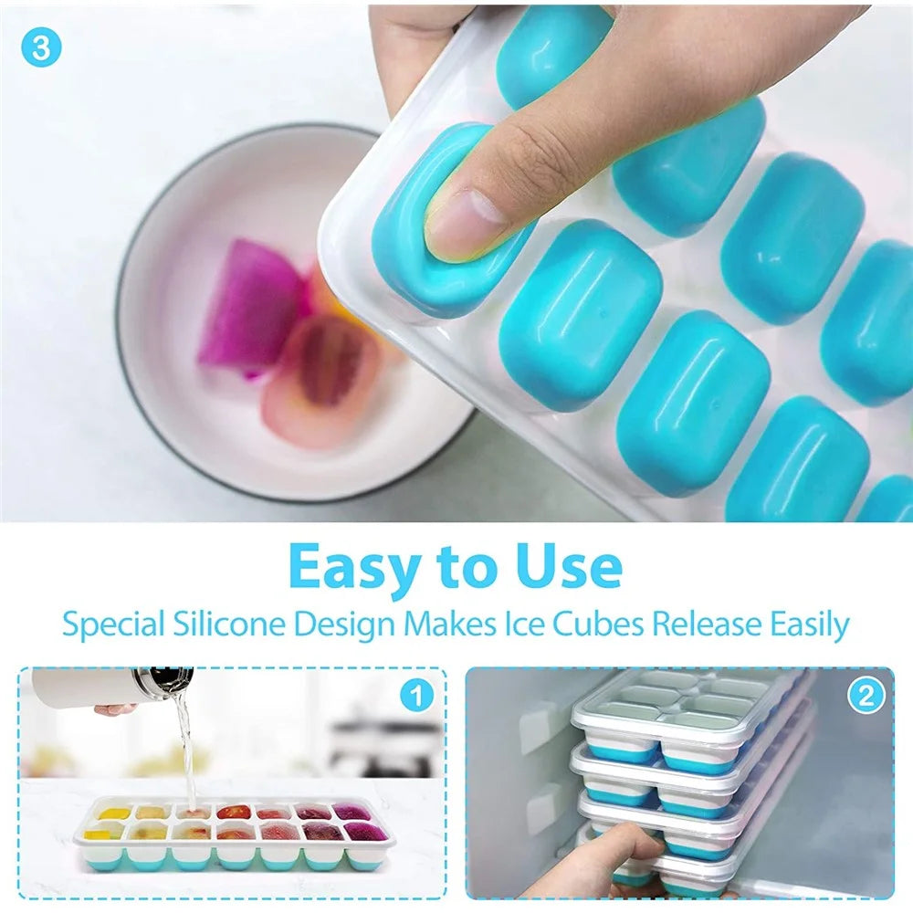 14-Grid Ice Cube Tray PC+Silicone Mold with Spill-Resistant Removable Lid (LFGB Certified and BPA Free) - Blue - 2