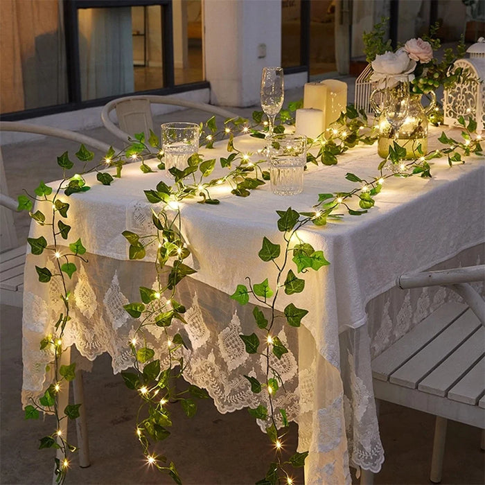 10m 100 LED Green Maple Leaf Rattan Light String Artificial Plant Copper Wire Lighting Decoration - 2