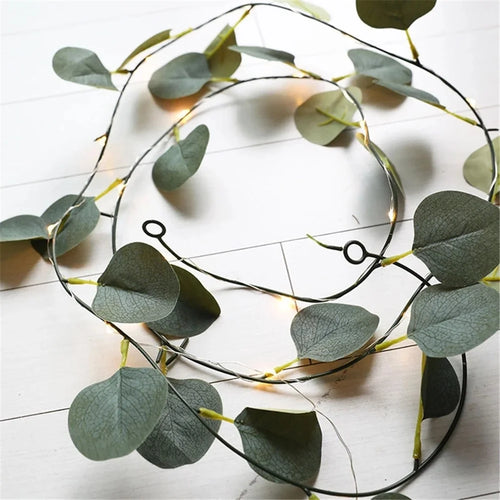 2m 20 LED Wedding Home Green Leaf Light String Simulation Eucalyptus Rattan Decorative Copper Wire Lamp - 1