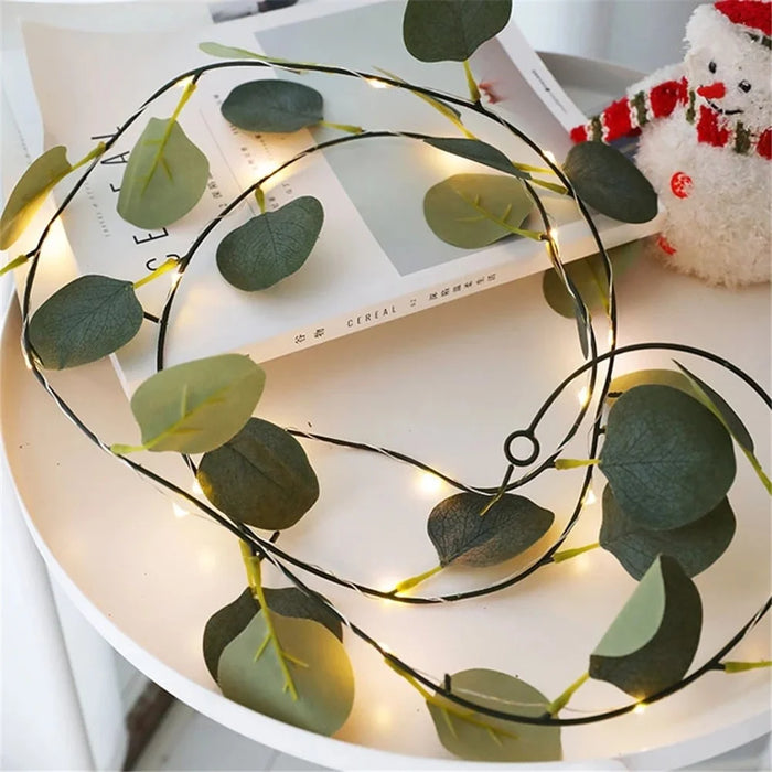 2m 20 LED Wedding Home Green Leaf Light String Simulation Eucalyptus Rattan Decorative Copper Wire Lamp - 6