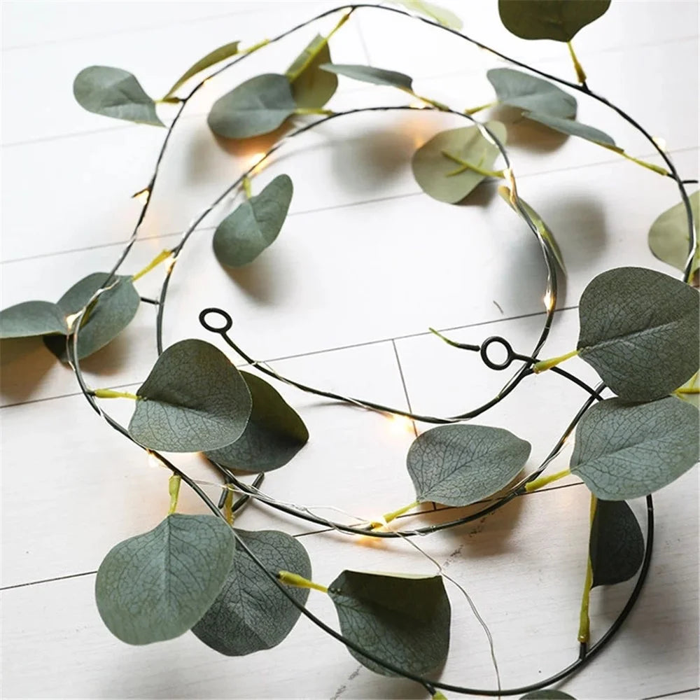 10m 100 LED Green Leaf Light String Simulation Eucalyptus Rattan Copper Wire Wedding Home Decoration - Warm Light - 1